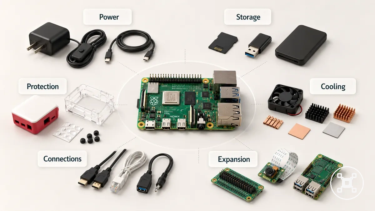 Categorías de accesorios para Raspberry Pi que muestran piezas de configuración esenciales, condicionales y opcionales