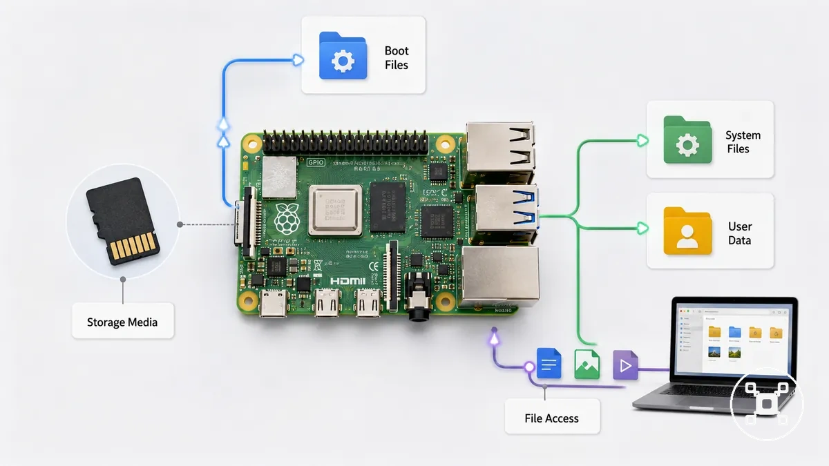 Medios de almacenamiento de Raspberry Pi que muestran archivos del sistema y conexiones de comportamiento de arranque