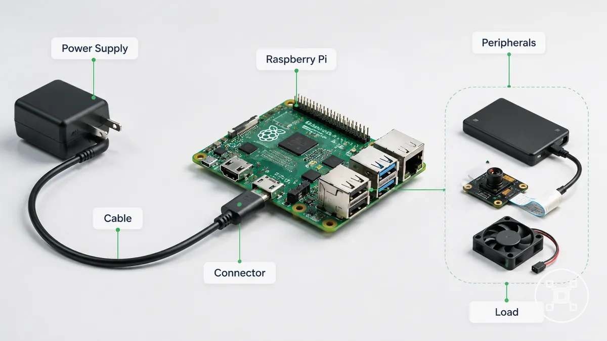Diagrama de la fuente de alimentación, cable, conector y carga conectada de Raspberry Pi