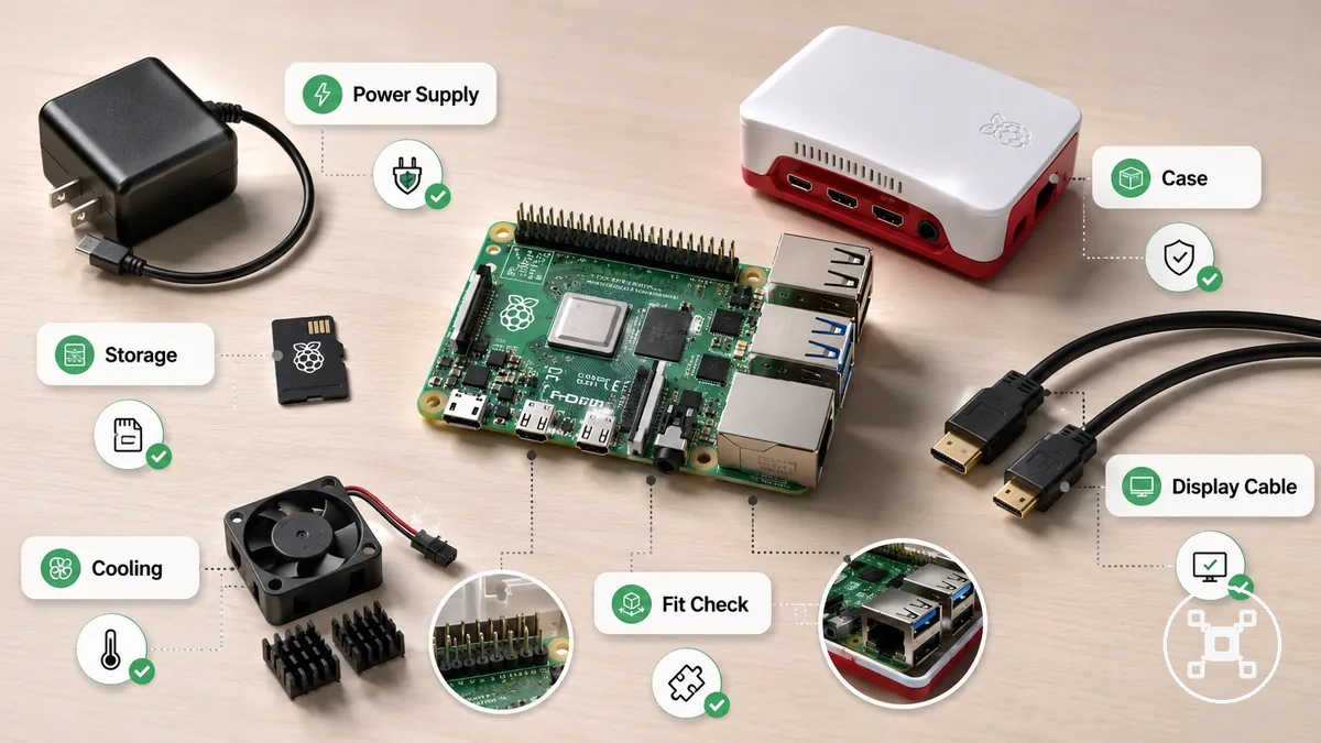 Contenido anotado de un kit de Raspberry Pi que muestra la placa, fuente de alimentación, almacenamiento, carcasa, refrigeración y cables