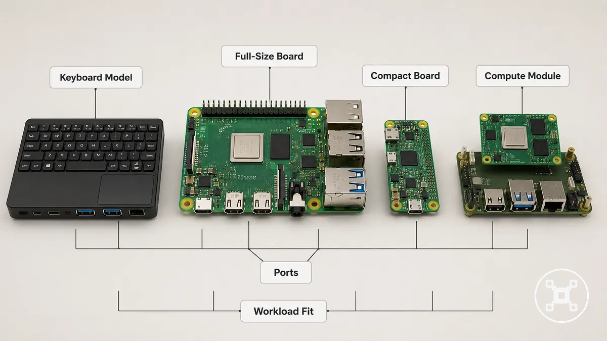 Familias de modelos de Raspberry Pi mostradas una al lado de la otra por tamaño y función práctica