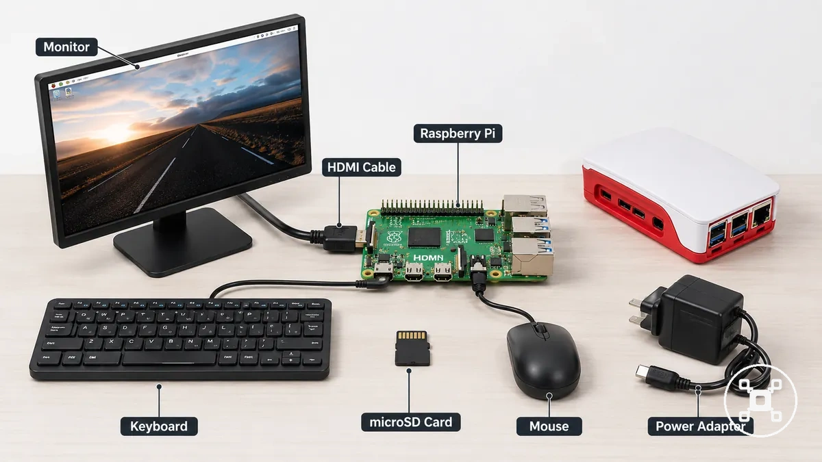 Partes necesarias para la configuración de escritorio de Raspberry Pi, incluyendo placa, cable de monitor, teclado, ratón, tarjeta microSD y adaptador de corriente