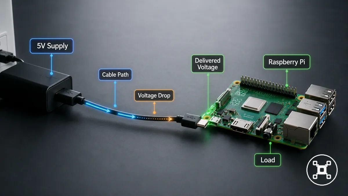 Diagrama que muestra la alimentación de clase 5V que llega a una Raspberry Pi a través de un cable