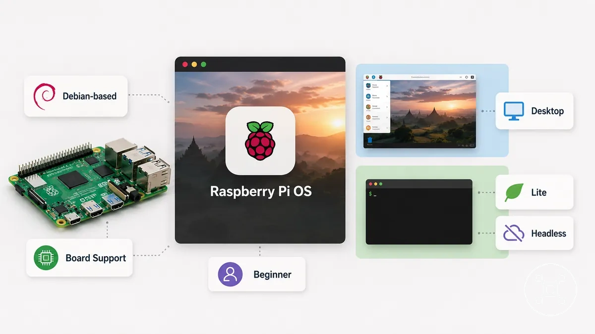 Pantalla de selección de Raspberry Pi OS que muestra las opciones de escritorio y Lite para una placa Raspberry Pi