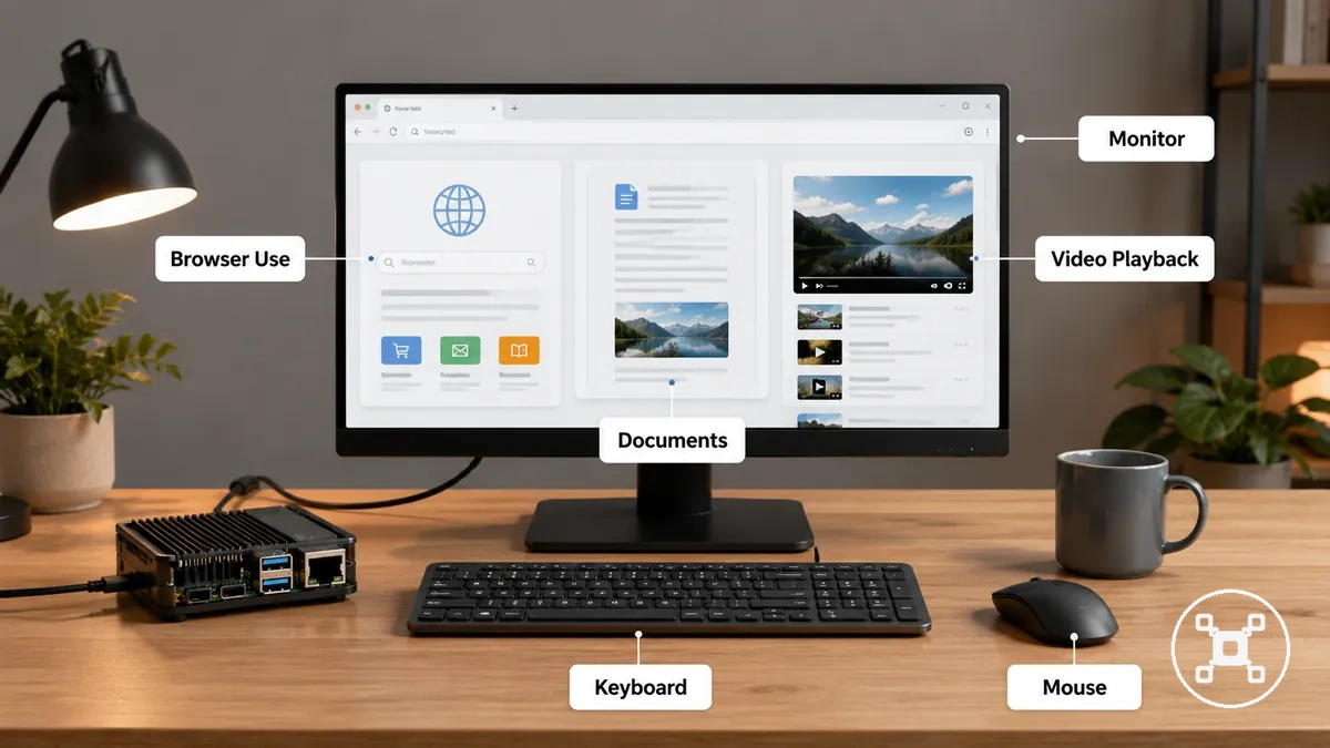 Configuración de escritorio con ordenador pequeño que muestra el uso del navegador con monitor, teclado y ratón