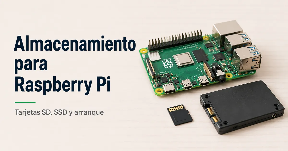 Raspberry Pi con una tarjeta microSD y opciones de almacenamiento SSD colocadas lado a lado