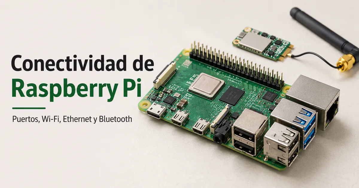 Puertos de Raspberry Pi y piezas de conexión inalámbrica visibles en la placa