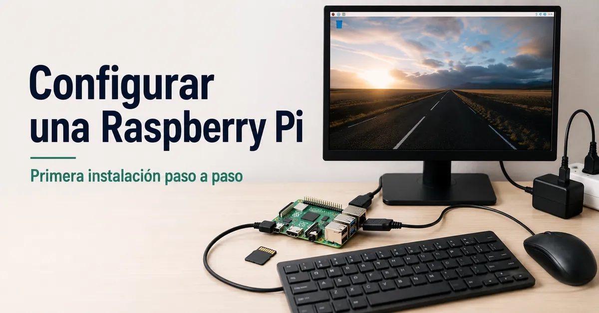 Raspberry Pi conectada a pantalla, teclado, ratón, tarjeta de almacenamiento y fuente de alimentación para la primera configuración