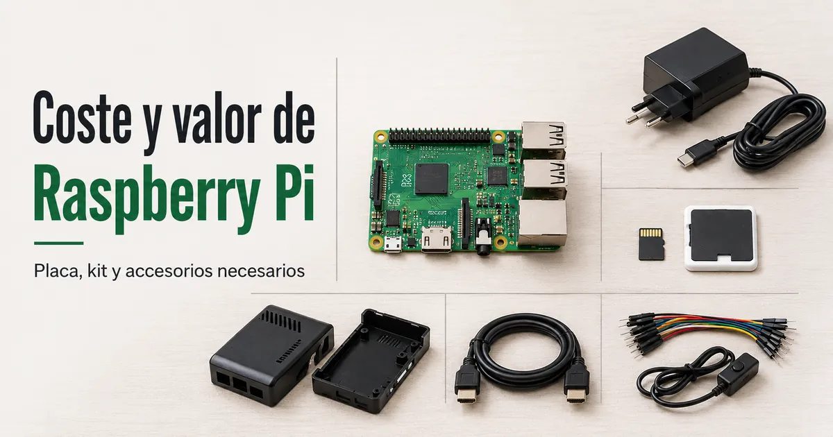 Placa Raspberry Pi con accesorios esenciales para calcular el coste total de la configuración