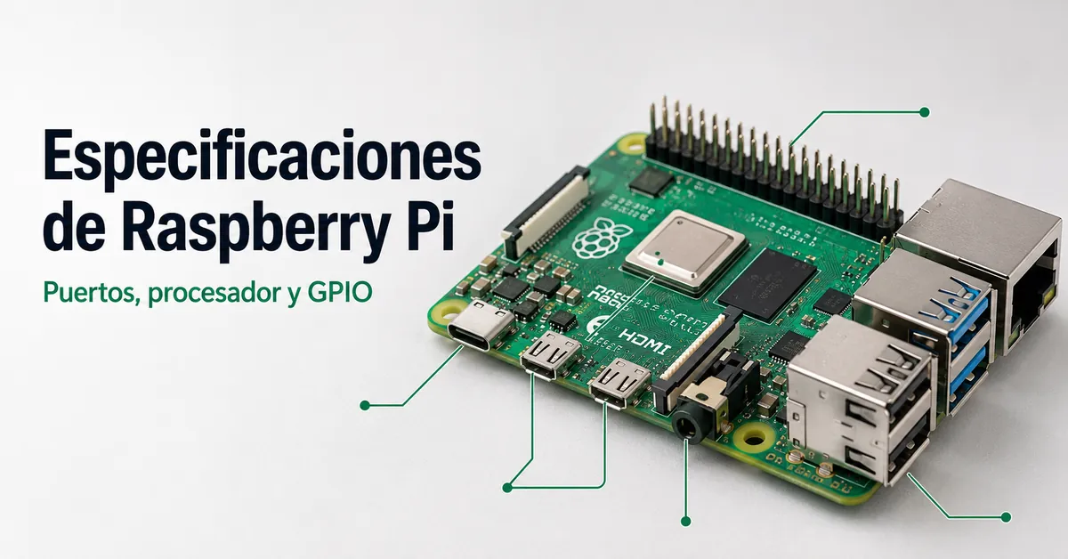 Vista cercana del hardware de Raspberry Pi con puertos, zona del procesador y cabecera GPIO