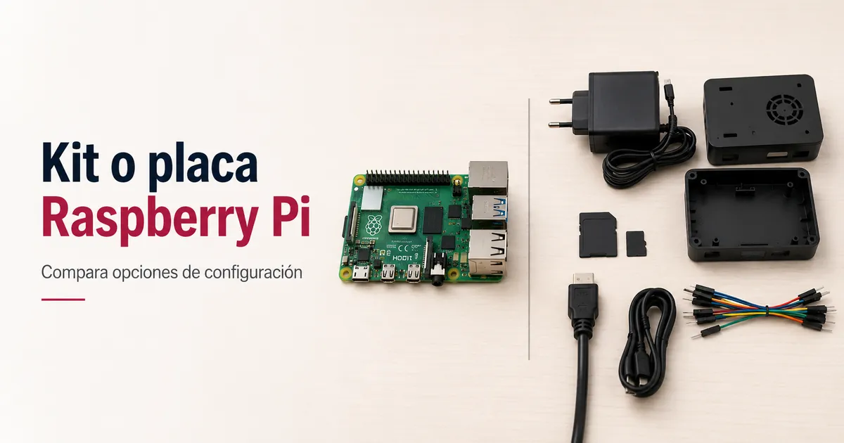 Placa Raspberry Pi junto a piezas de un kit inicial para comparar opciones de configuración
