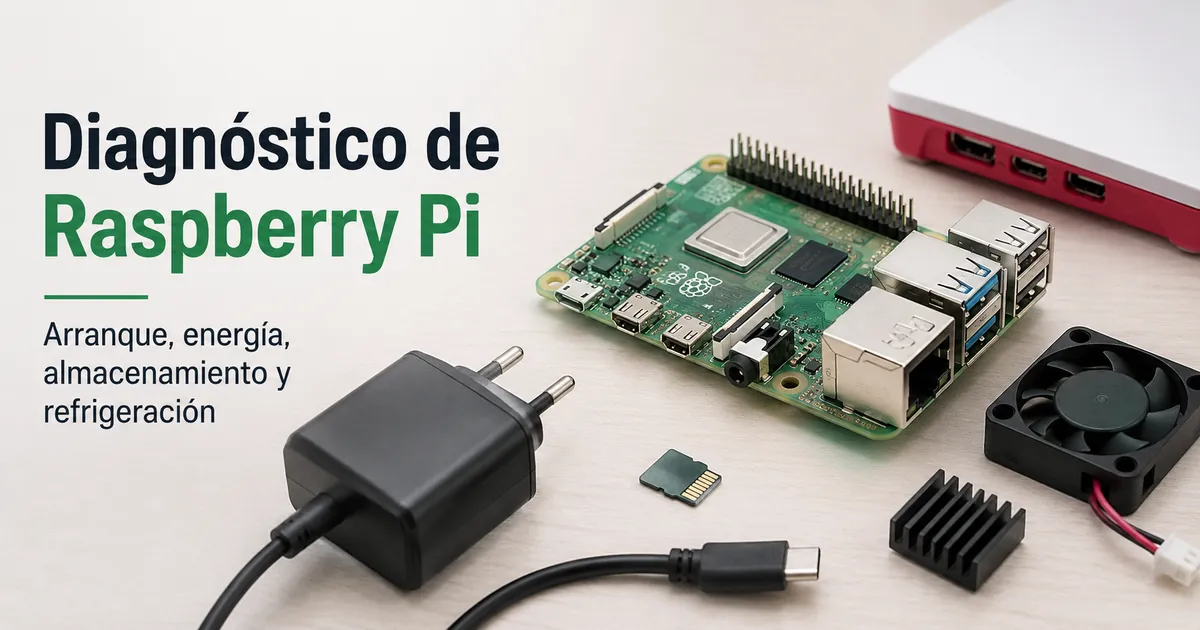 Configuración de diagnóstico de Raspberry Pi con piezas de alimentación, almacenamiento y refrigeración