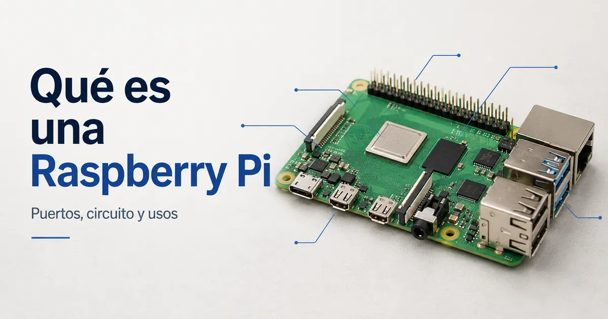 Ordenador de placa única Raspberry Pi con sus puertos principales y el trazado del circuito