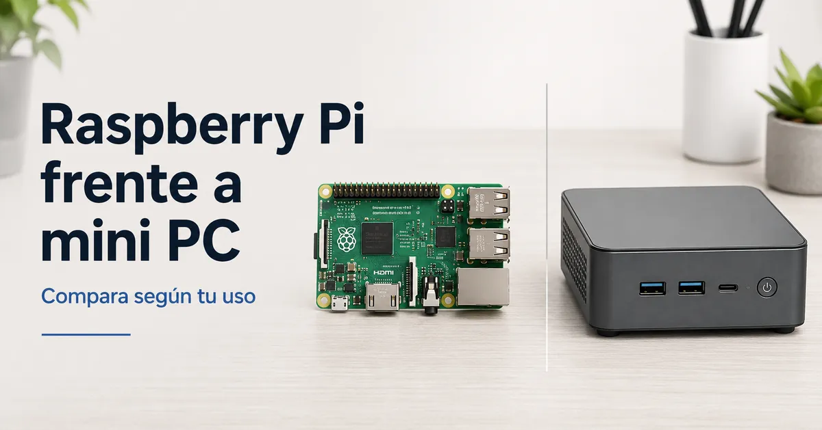 Placa Raspberry Pi junto a un mini PC compacto para comparar casos de uso