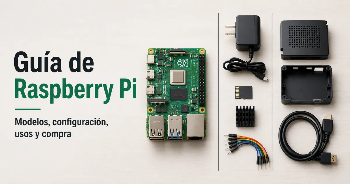 Placa Raspberry Pi con accesorios habituales de configuración preparados para comparar