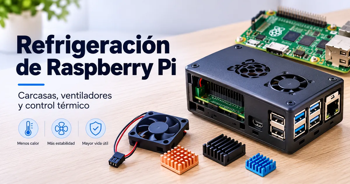 Sistema de refrigeración para Raspberry Pi con carcasa, ventilador y disipador