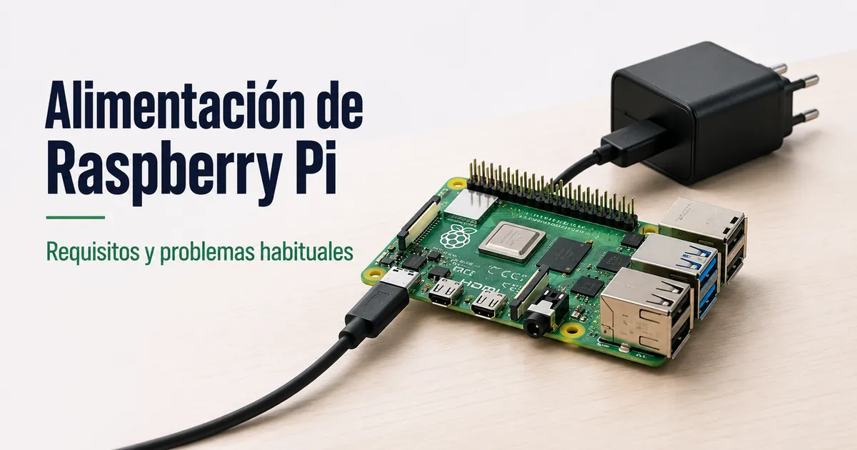 Raspberry Pi alimentada por una fuente USB con el cable y el conector visibles