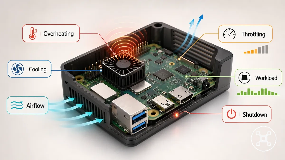 Zones de symptômes de surchauffe et d étranglement du Raspberry Pi avec contexte de refroidissement