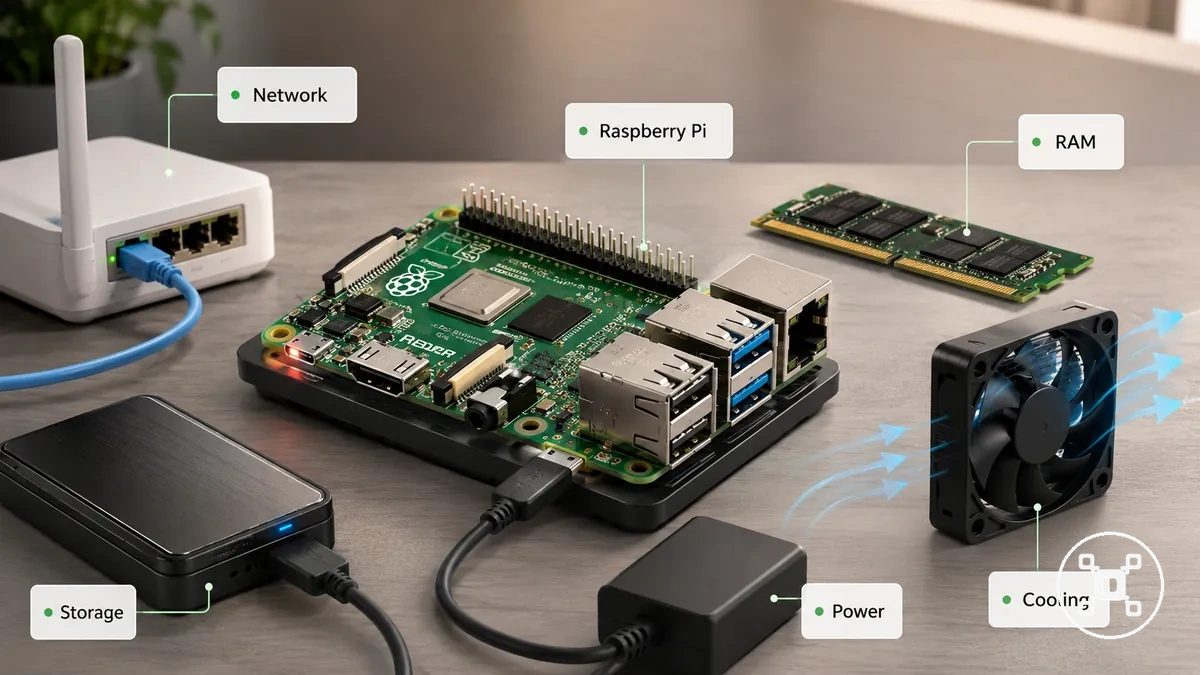 Configuration de serveur domestique Raspberry Pi montrant les considérations de réseau, stockage, alimentation et refroidissement