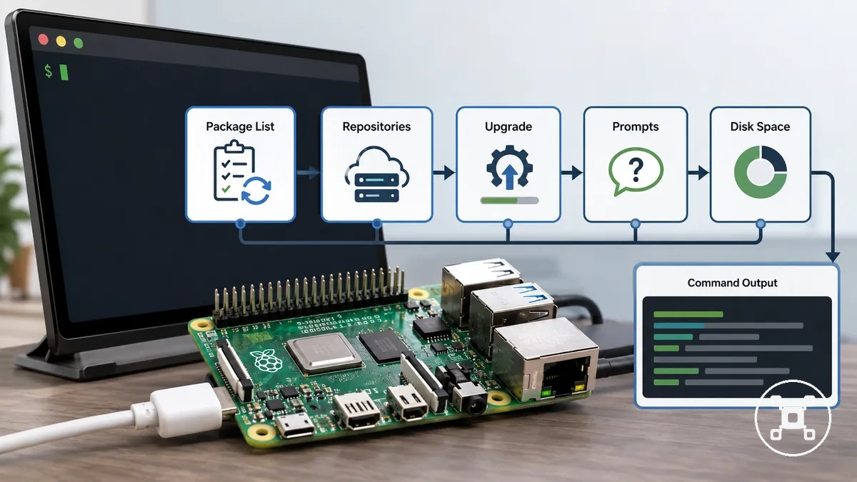 Terminal Raspberry Pi annoté montrant l actualisation de la liste des paquets et les commandes de mise à niveau complète du système