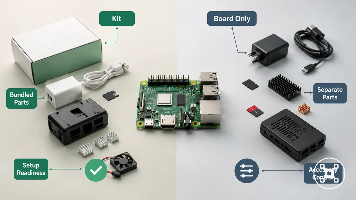 Comparaison entre un kit Raspberry Pi et un achat de carte seule selon les pièces incluses et la responsabilité de configuration
