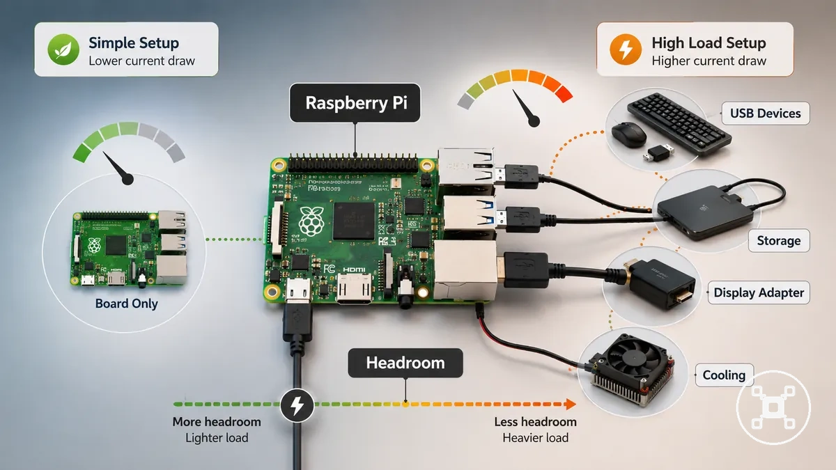 Raspberry Pi avec périphériques connectés illustrant l augmentation de la consommation de courant