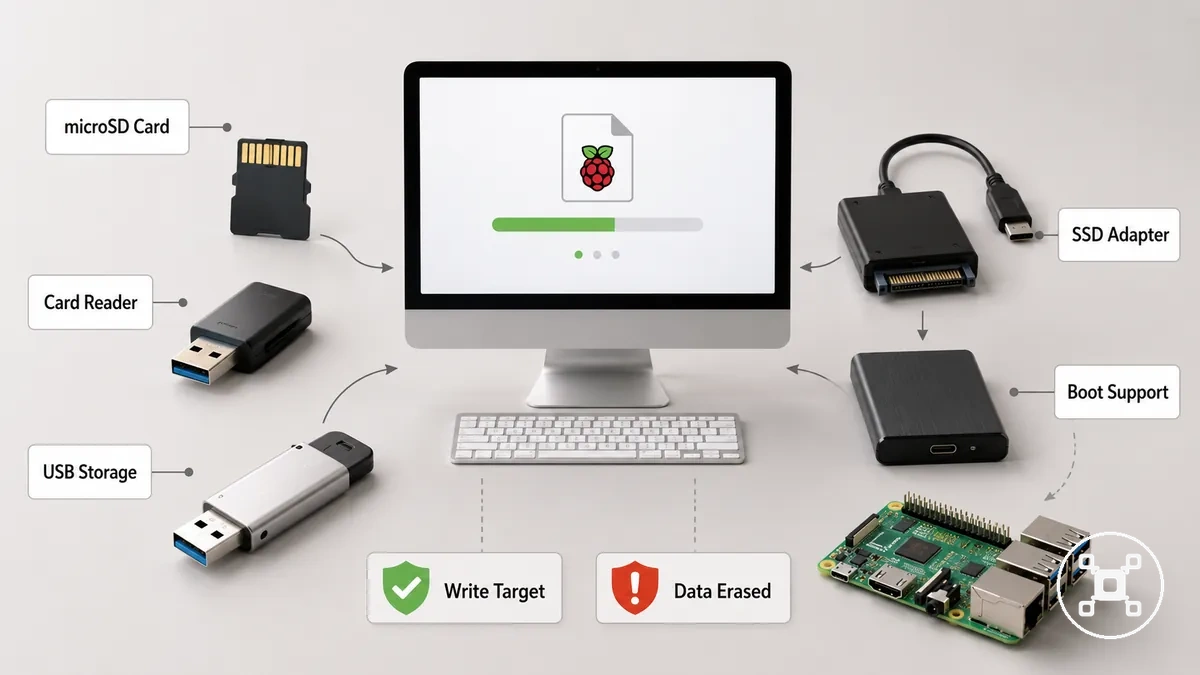 Carte microSD, lecteur de carte, USB et stockage d installation SSD pour l installation de Raspberry Pi OS