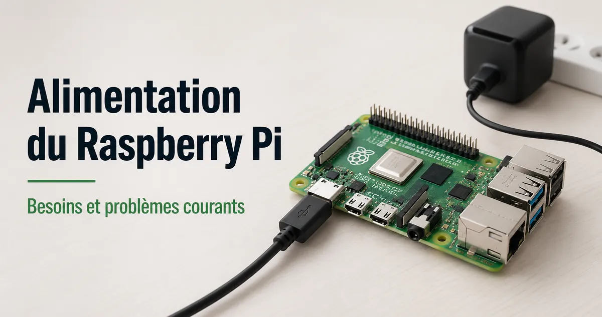 Raspberry Pi alimenté par une alimentation USB avec câble et connecteur visibles