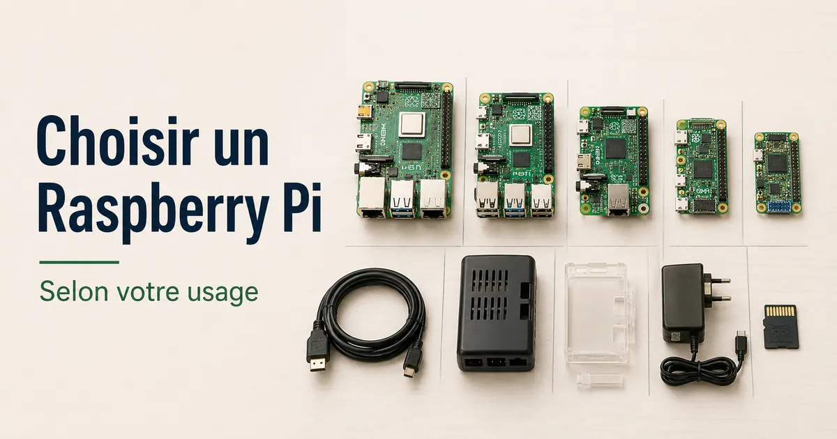 Différentes cartes Raspberry Pi et accessoires placés côte à côte pour guider le choix