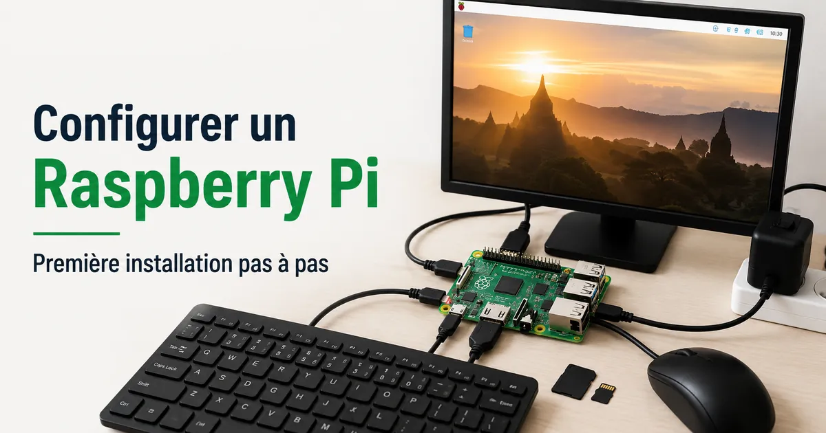 Raspberry Pi connecté à un écran, un clavier, une souris, une carte de stockage et une alimentation pour la première configuration