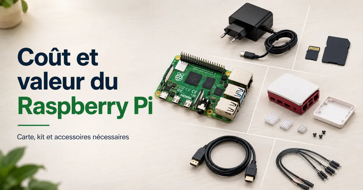 Carte Raspberry Pi avec accessoires clés pour estimer le coût total de la configuration