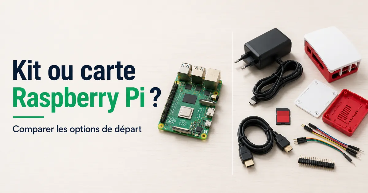 Carte Raspberry Pi à côté de pièces d’un kit de démarrage pour comparer les options de configuration