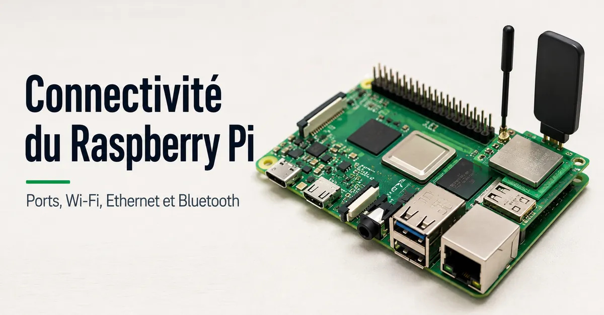 Ports du Raspberry Pi et pièces de connectivité sans fil visibles sur la carte