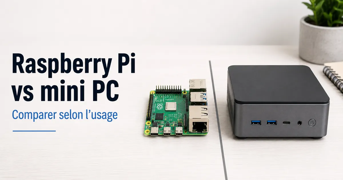 Carte Raspberry Pi placée à côté d’un mini PC compact pour comparer les usages