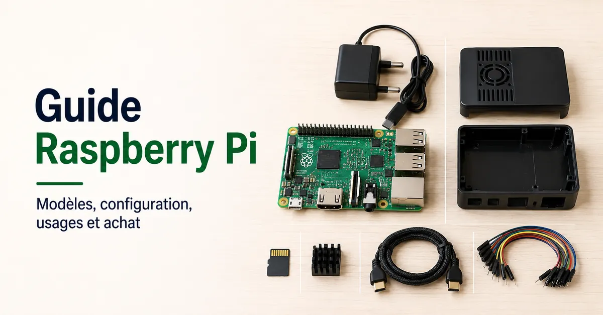 Carte Raspberry Pi avec des accessoires de configuration courants disposés pour comparaison