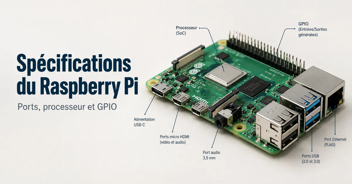 Vue rapprochée du matériel Raspberry Pi avec les ports, la zone du processeur et le connecteur GPIO