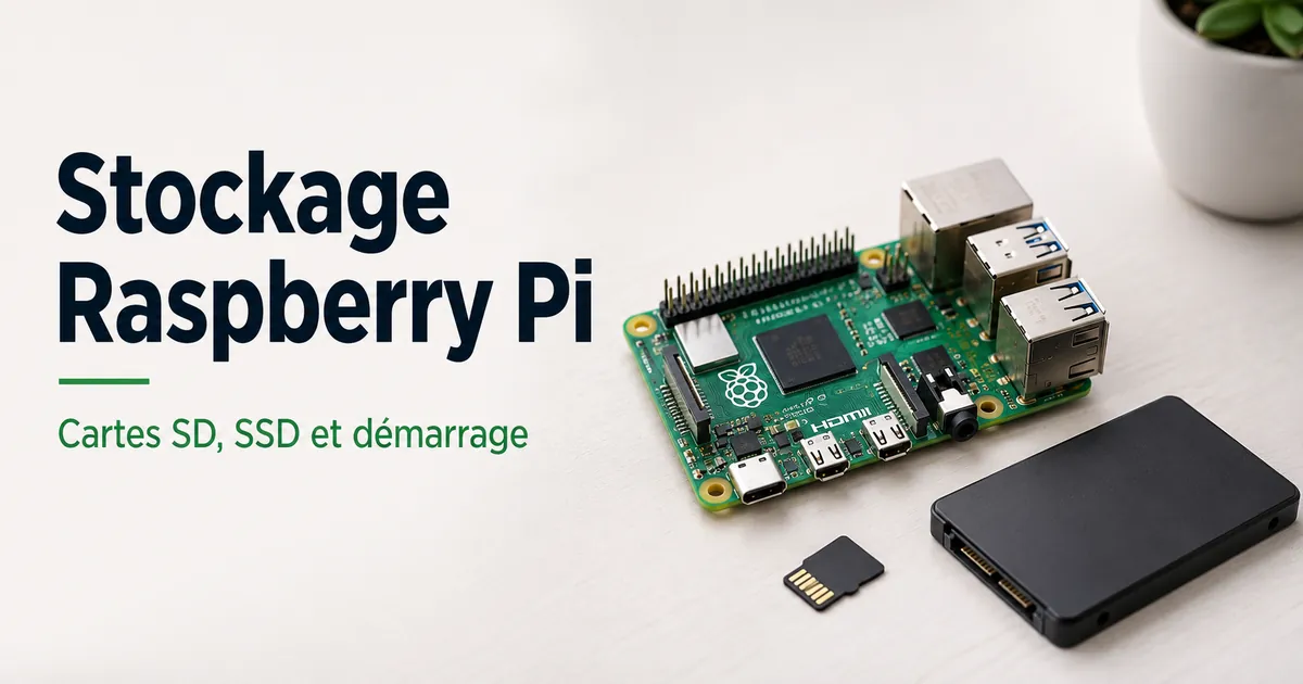 Raspberry Pi avec carte microSD et options de stockage SSD placées côte à côte