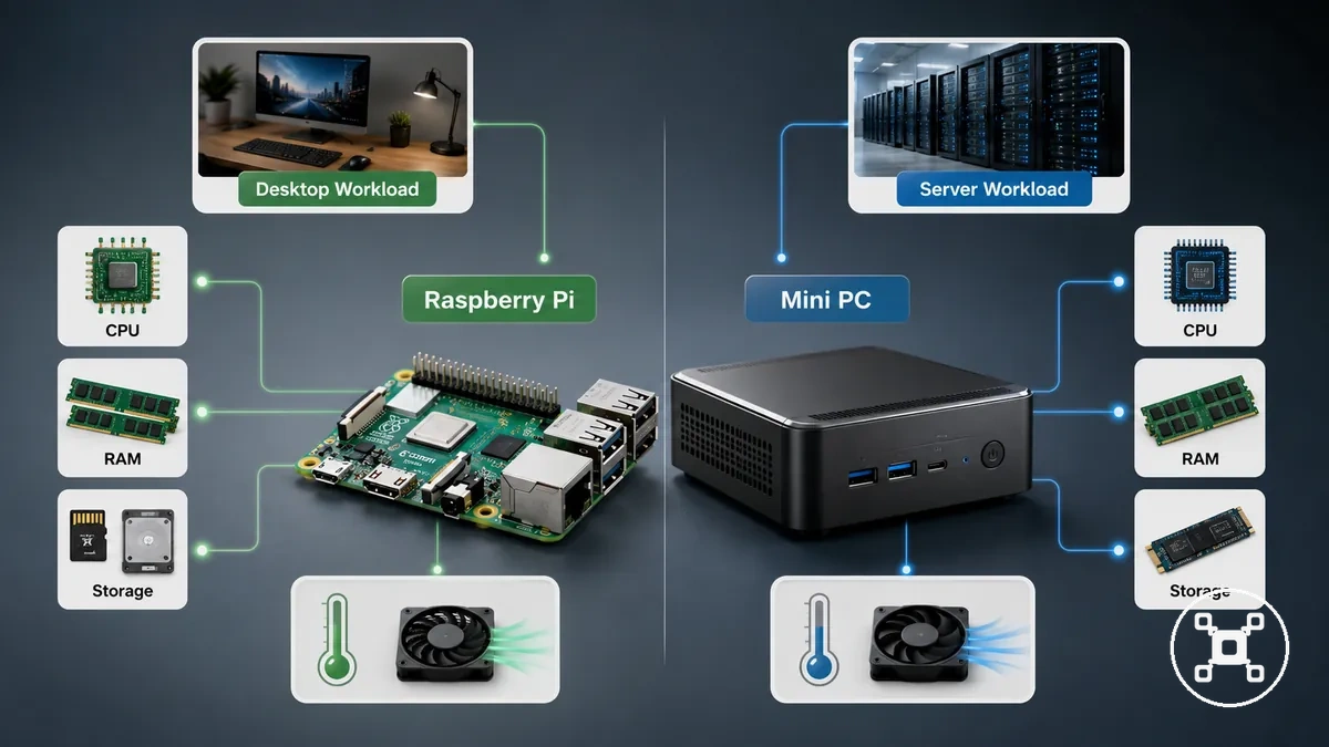 Comparação de desempenho entre Raspberry Pi e Mini PC por carga de trabalho de desktop e servidor