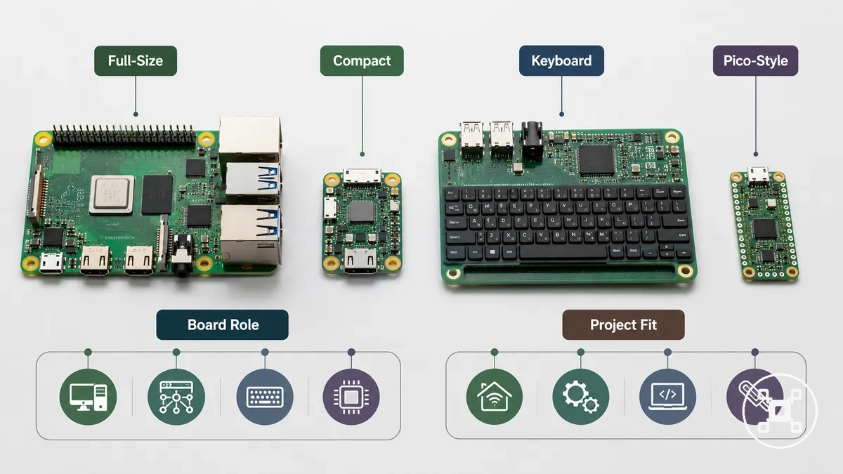 Famílias de placas e linhas de modelos Raspberry Pi mostradas por tamanho e formato