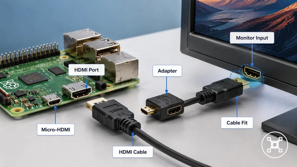 Porta HDMI da Raspberry Pi com cabo ou adaptador correspondente para saída de display