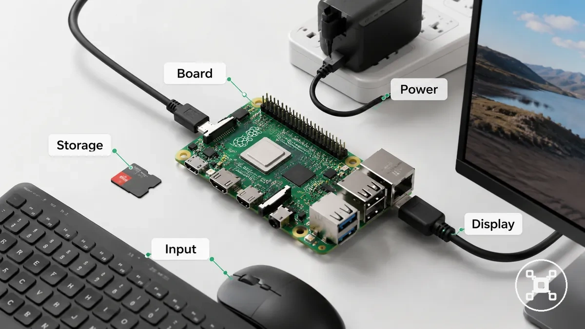Placa Raspberry Pi com peças essenciais de montagem incluindo acessórios de alimentação, armazenamento, display e entrada