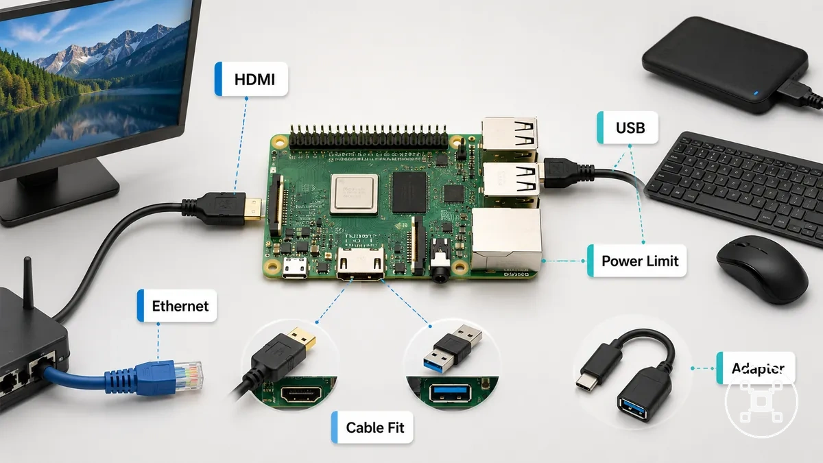 Placa Raspberry Pi mostrando portas físicas para conexões de display, periféricos e rede