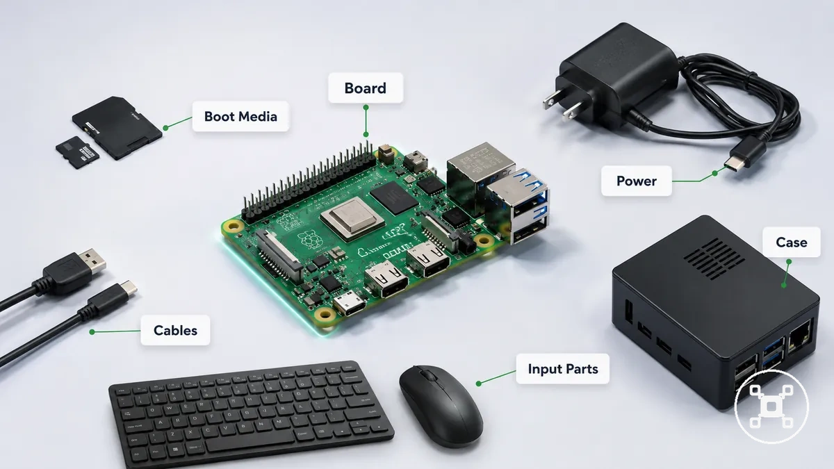 Componentes da configuração Raspberry Pi mostrando as principais partes de custo além da placa