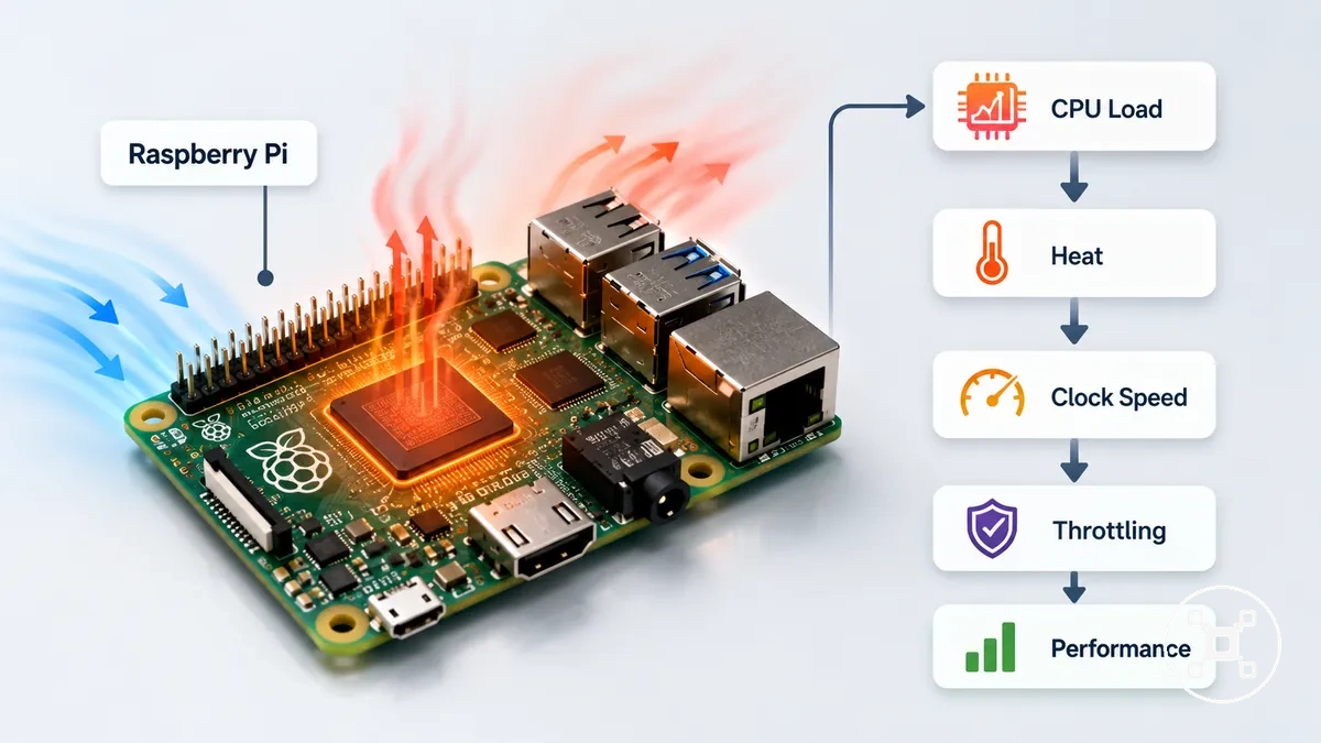 Placa Raspberry Pi mostrando área de calor e processo de throttling térmico