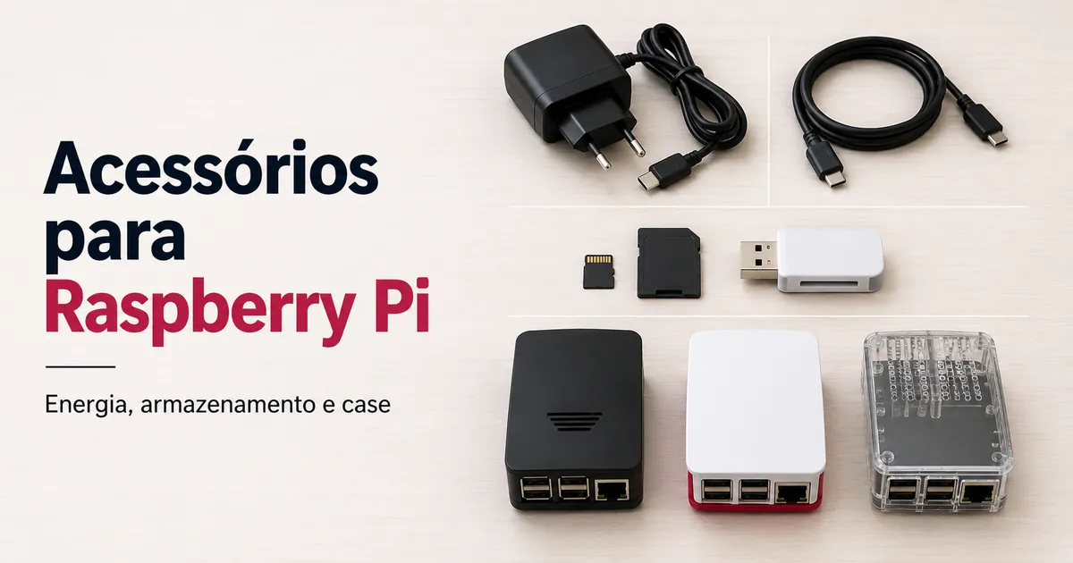 Acessórios essenciais para Raspberry Pi, com fonte de alimentação, cartão de armazenamento, case e cabos