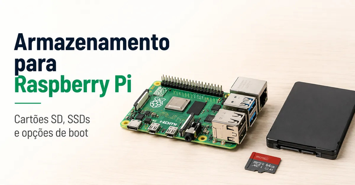 Raspberry Pi com cartão microSD e opções de armazenamento SSD lado a lado