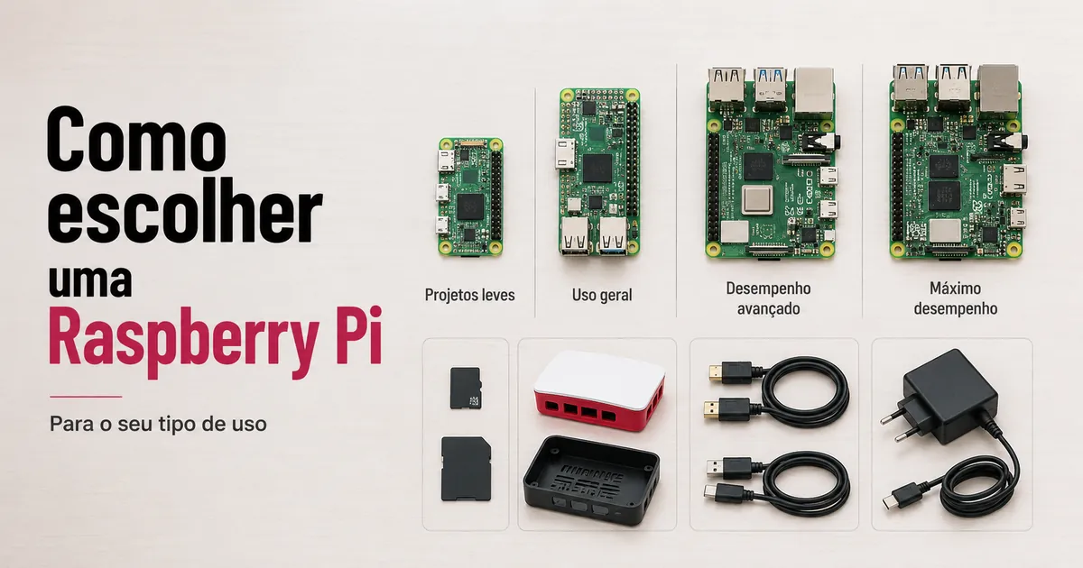 Diferentes placas Raspberry Pi e acessórios colocados lado a lado para escolha