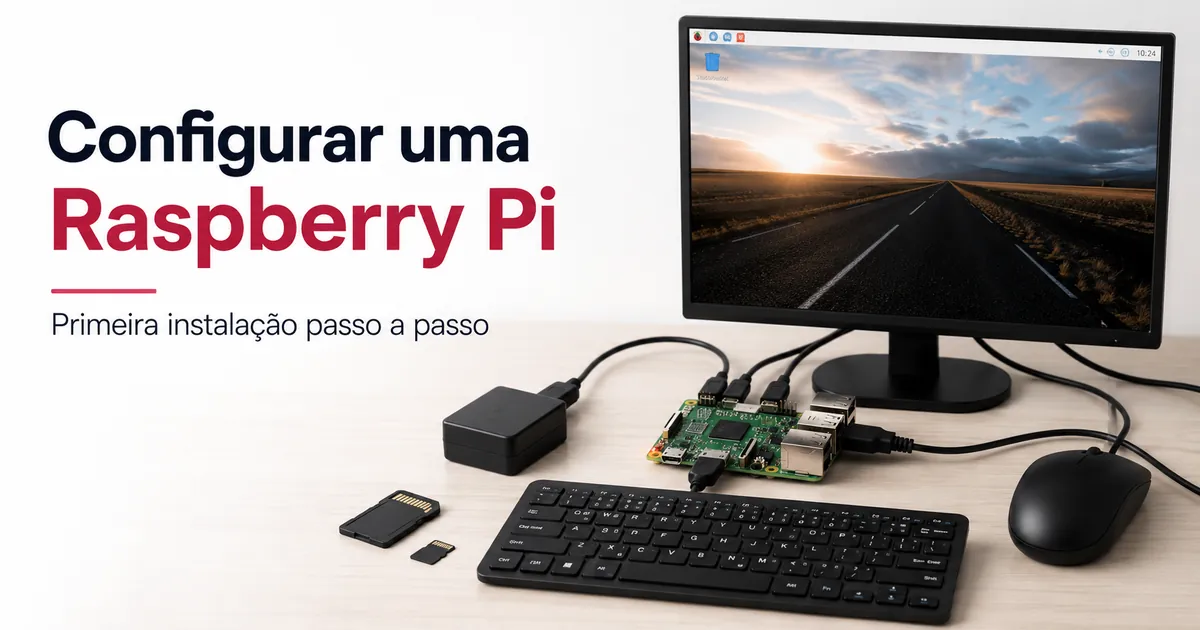 Raspberry Pi conectada a tela, teclado, mouse, cartão de armazenamento e fonte de alimentação para a primeira configuração
