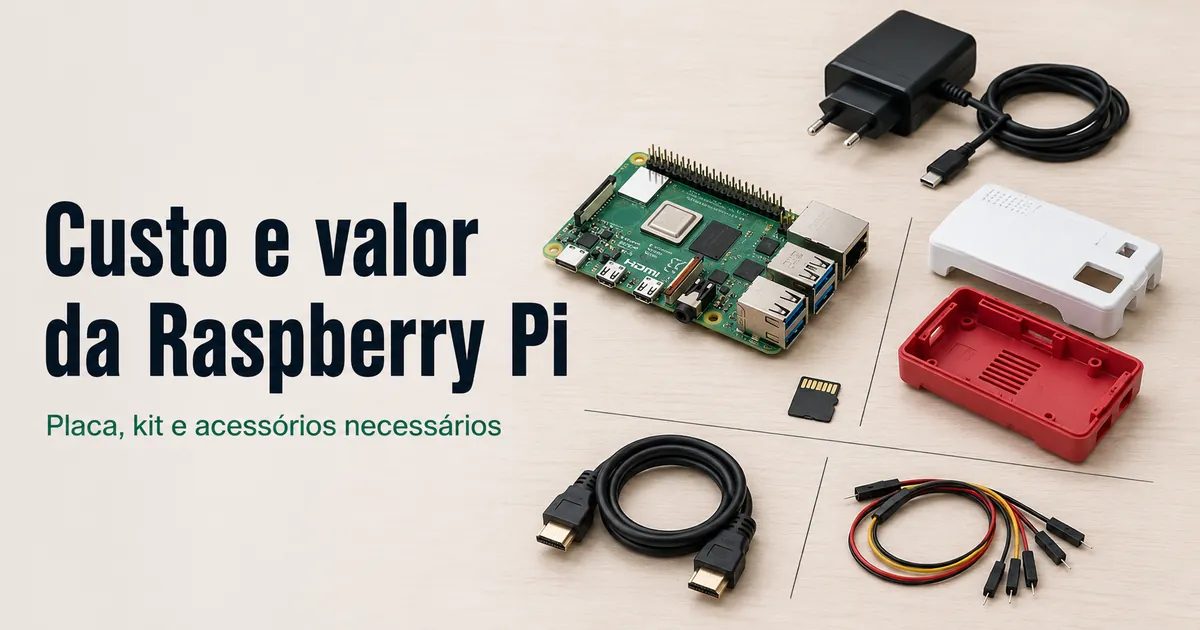 Placa Raspberry Pi com acessórios essenciais para estimar o custo total da configuração