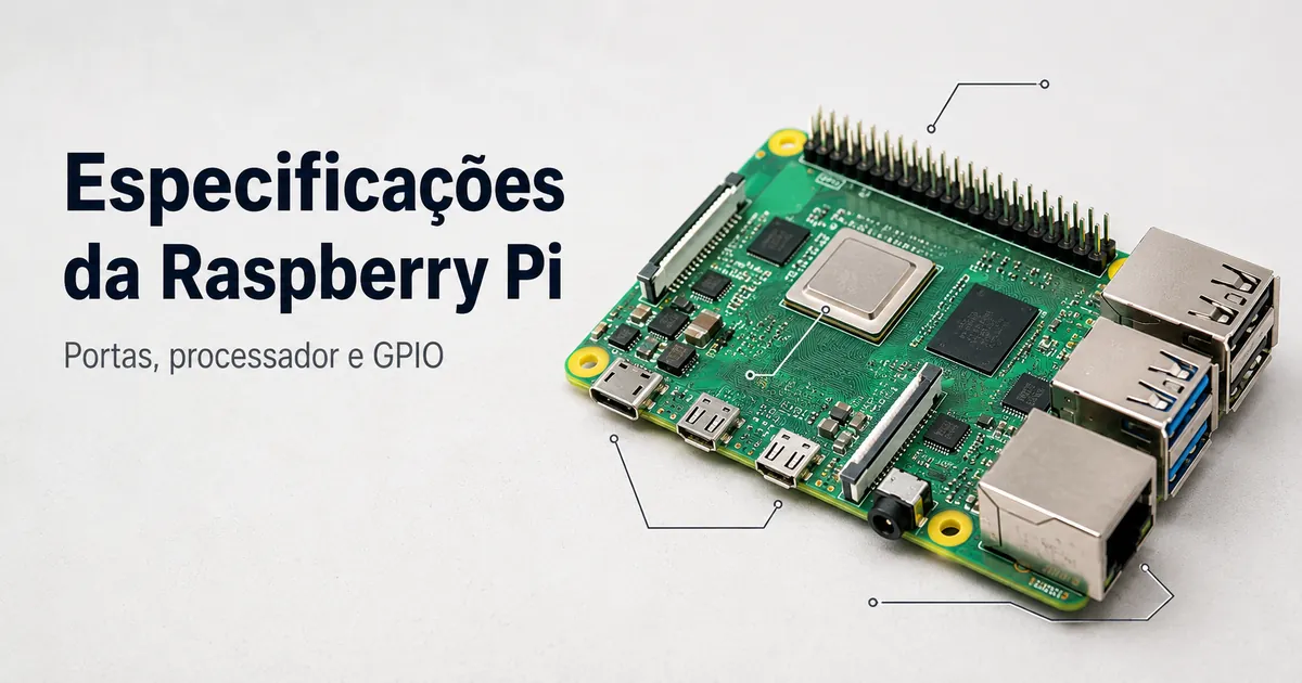 Vista próxima do hardware da Raspberry Pi com portas, área do processador e conector GPIO